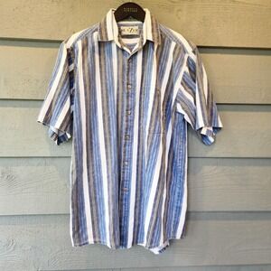 VTG Blazer Shirt Mens XL Blue Stripe Short Sleeve Button Up Casual Cotton Pocket